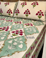 aenak-green-red-dahlia-handblock-bedsheet-quilt-combo-set