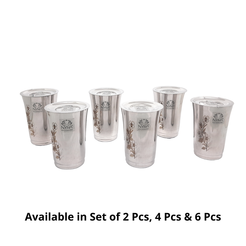 Premium Stainless Steel Floral Print Glass Set with Lid – Drinking Tumbler