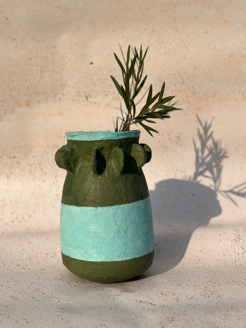 Nurture India Olive Green Sky Blue Paper Mache Vase 12-Inch
