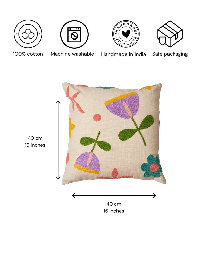Nurture India Lavendar Fields Tufted Cushion Cover 16x 16-Inch