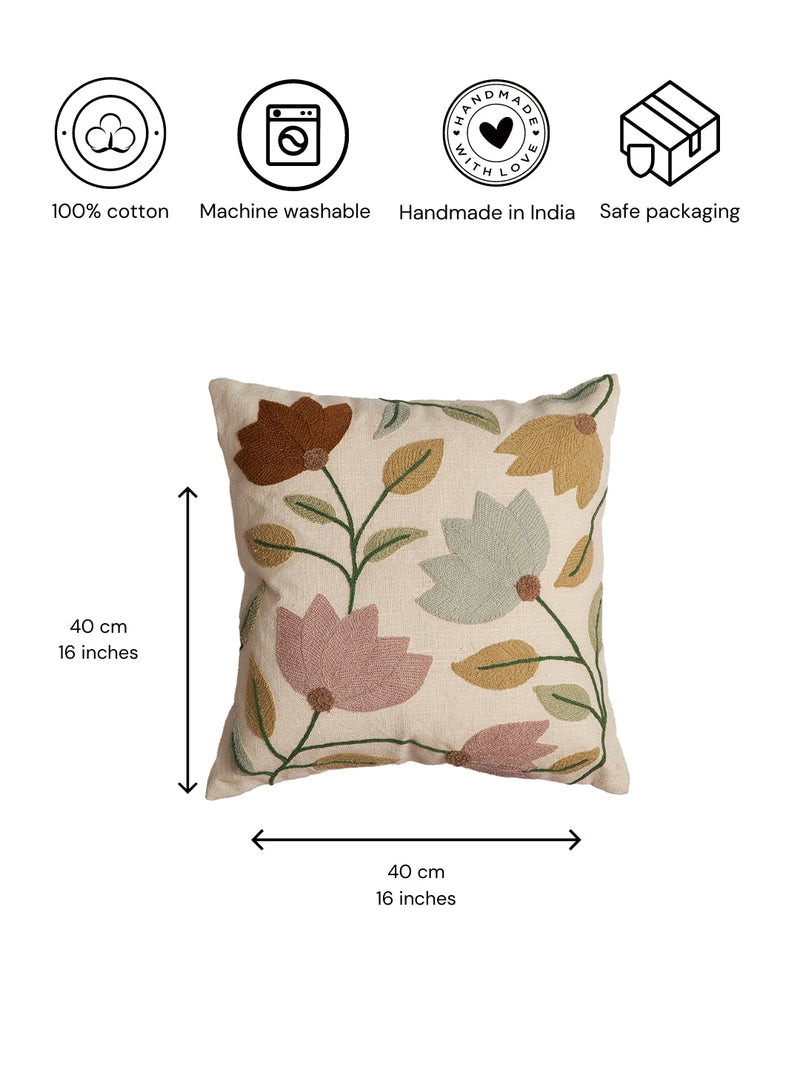 Nurture India Lotus Flower Embroidered Cushion Cover 16x 16-Inch