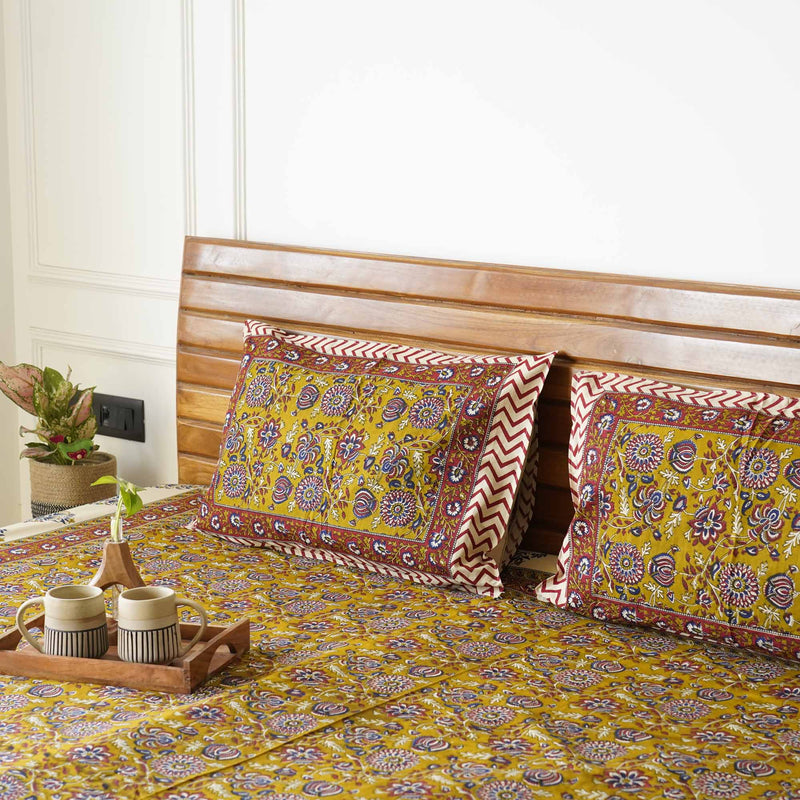 local-kala-kalamkari-mustard-flat-fitted-bedsheet-90x108-inches