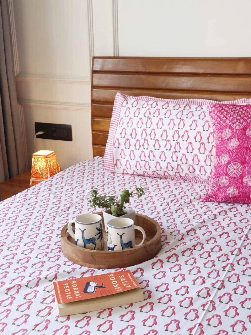 local-kala-pink-penguin-handblock-bedsheet-108x108-inches