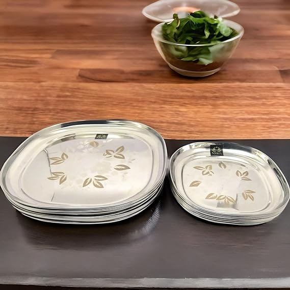 Stainless Steel Set of 12 pieces- Quarter and Full-Size Plates with Laser Print Set 