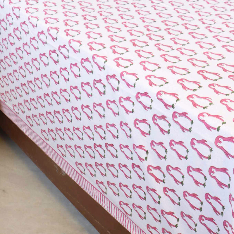 local-kala-pink-penguin-handblock-bedsheet-108x108-inches