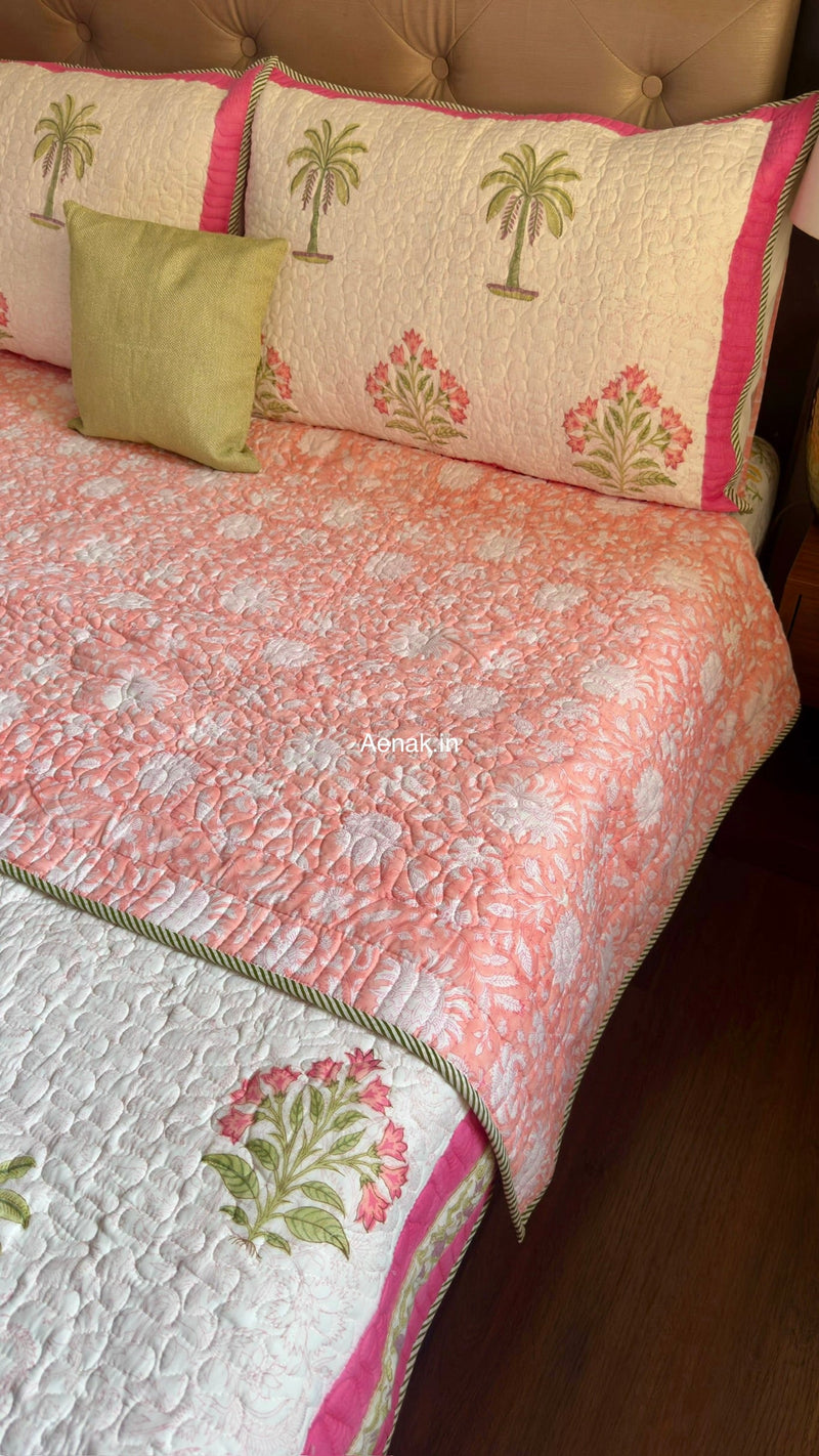aenak-pink-royal-palm-handblock-printed-reversible-quilted-cotton-bedcover-105x108-set