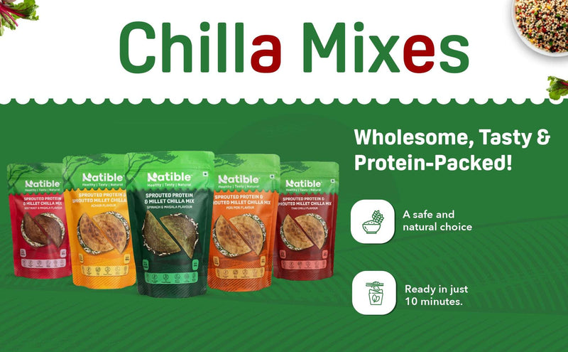 Natible Variety Pack - Sprouted Protein and Sprouted Millet Chilla Mix – Savory Indian Pancake Mix (Pack of 3)