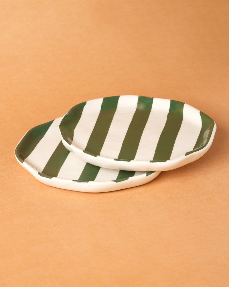 Nurture India Army Green Stripe Ceramic Plates 2-Piece Set