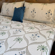 aenak-blue-floral-palm-jaal-handblock-bedsheet-quilt-combo-set
