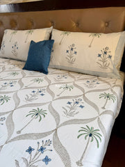 aenak-blue-floral-palm-jaal-handblock-bedsheet-quilt-combo-set