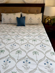 aenak-blue-floral-palm-jaal-handblock-bedsheet-quilt-combo-set