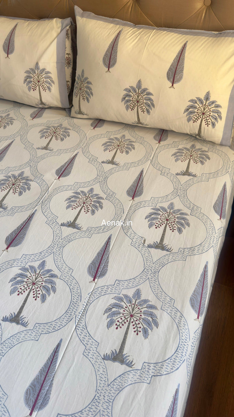 aenak-blue-palm-jaal-handblock-premium-cotton-bedsheet-set