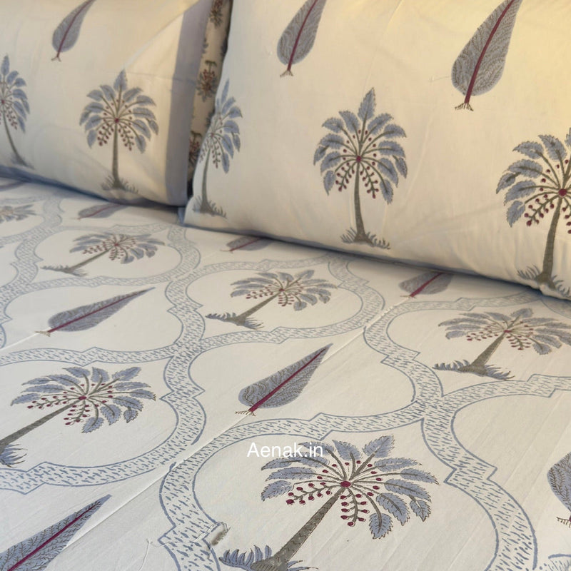 aenak-blue-palm-jaal-handblock-premium-cotton-bedsheet-set