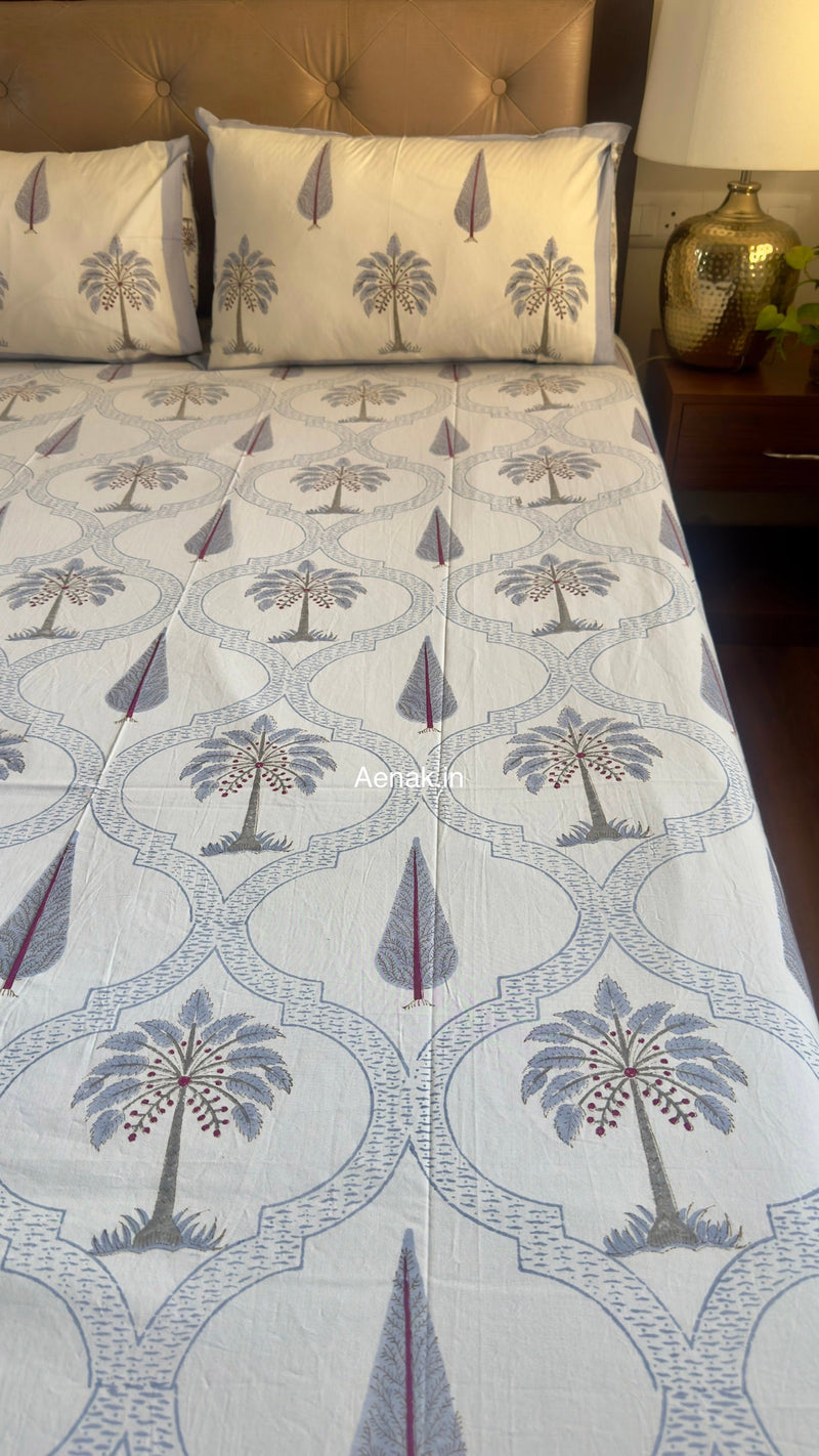 aenak-blue-palm-jaal-handblock-premium-cotton-bedsheet-set