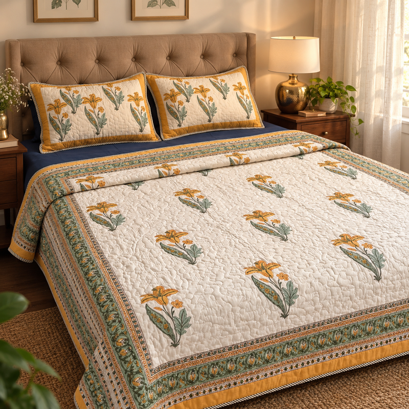 aenak-yellow-lily-handblock-reversible-quilted-bedcover-set