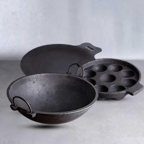 Breakfast Cast Iron Combo Large: Iron Dosa Tawa, Cast Iron Kadai & Paddu-Appe – Cooking Wok
