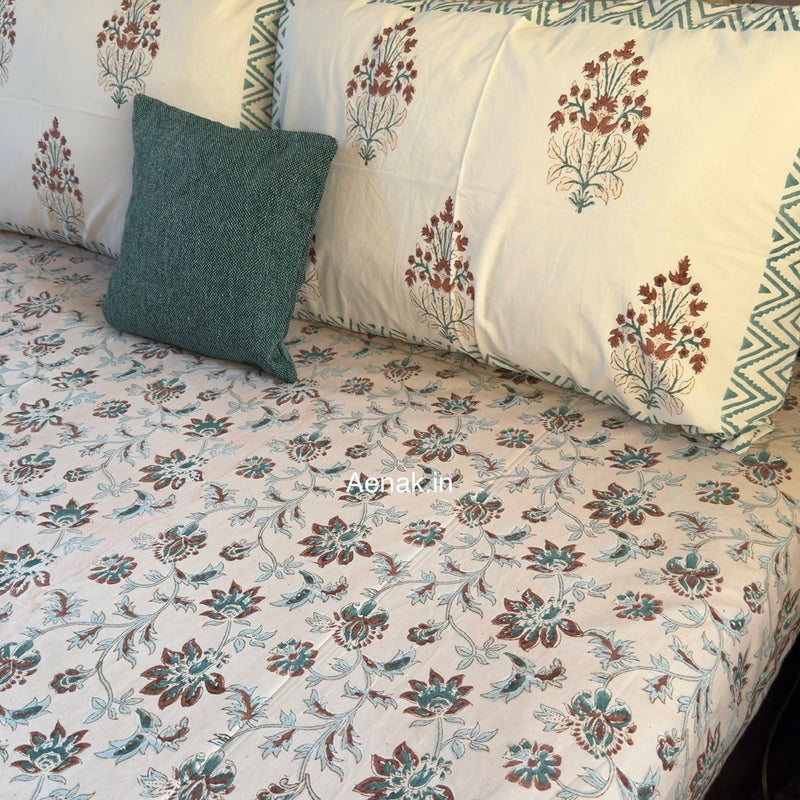 aenak-brown-peach-floral-garden-handblock-printed-premium-cotton-fitted-bedsheet-set
