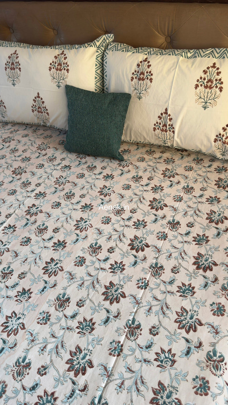 aenak-brown-peach-floral-garden-handblock-premium-cotton-bedsheet-set