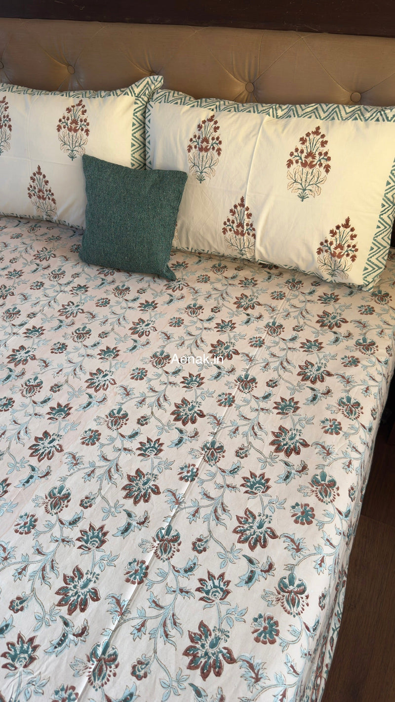 aenak-brown-peach-floral-garden-handblock-premium-cotton-bedsheet-set