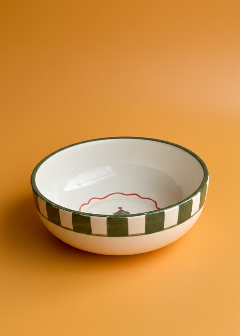 Nurture India Candy Cane Bow Green Ceramic Bowl Large