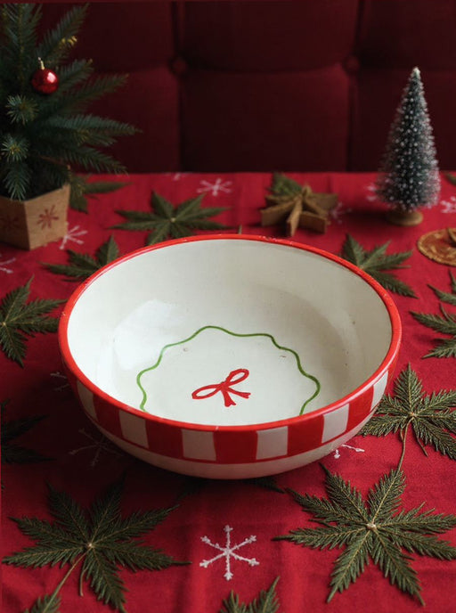 Nurture India Candy Cane Bow Red Ceramic Bowl Large