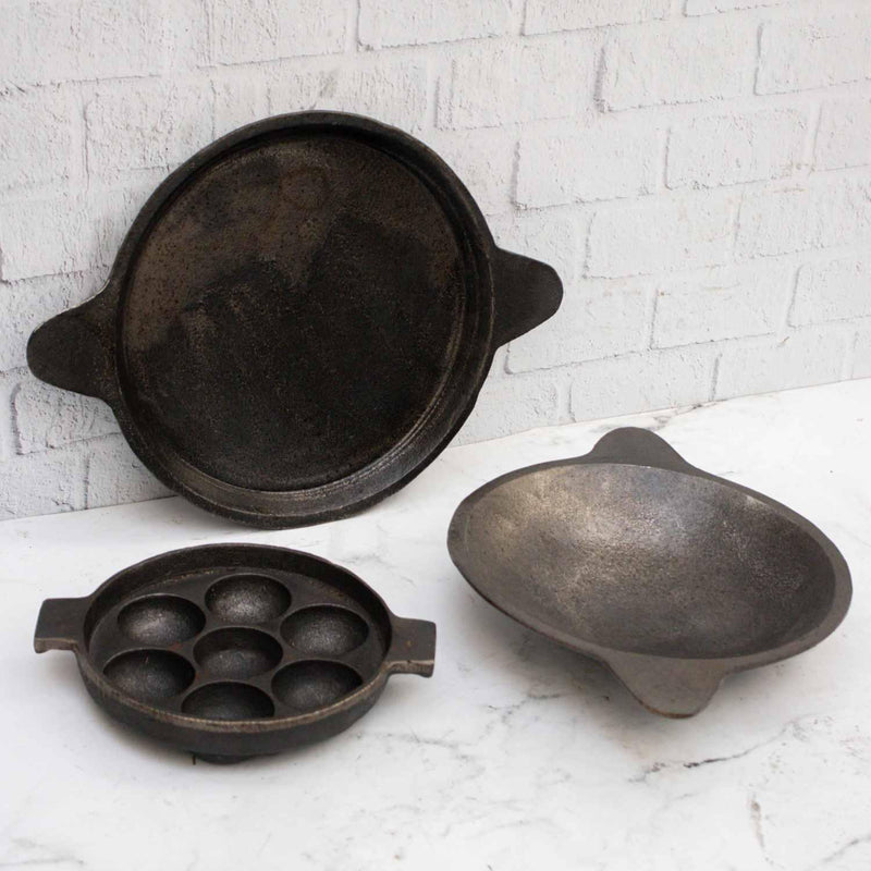 Cast Iron Combo: Kuzhipaniyaram pan, Appachatti, Raised Edge Pan – Paniyaram Pan