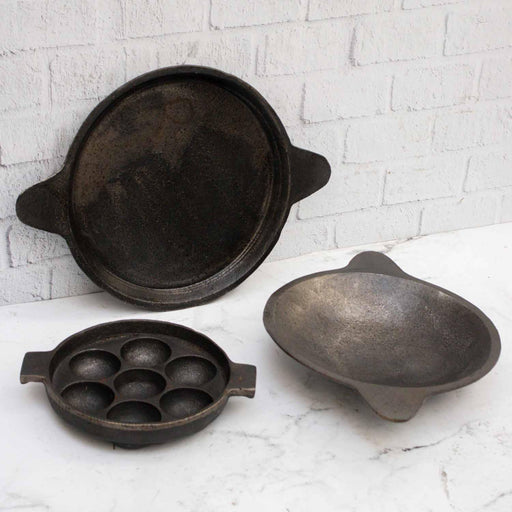 Cast Iron Combo: Kuzhipaniyaram pan, Appachatti, Raised Edge Pan – Paniyaram Pan