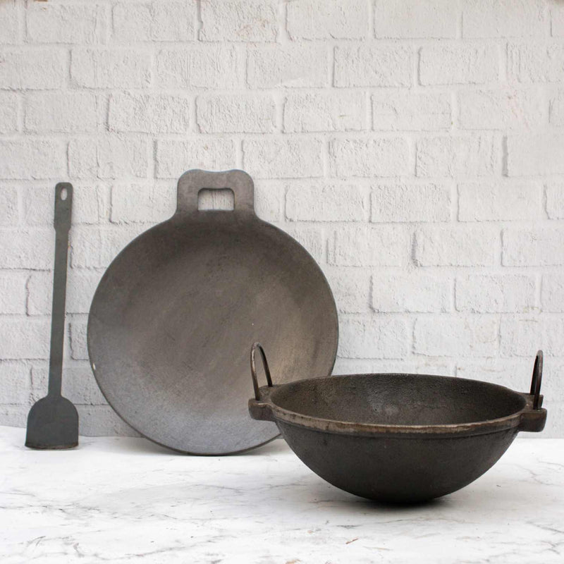 Cast Iron Kadai, Iron Tawa, Iron ladle Cookware Set – Cooking Wok