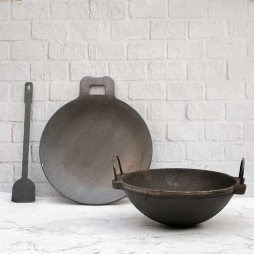 Cast Iron Kadai, Iron Tawa, Iron ladle Cookware Set – Cooking Wok