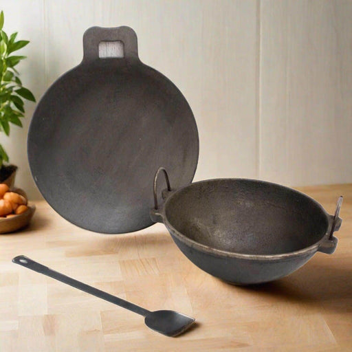 Cast Iron Kadai, Iron Tawa, Iron ladle Cookware Set – Cooking Wok