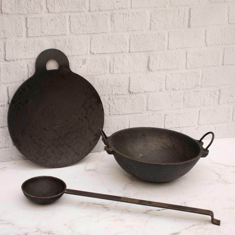 Cast Iron Kadai, Iron Tawa, tadka ladle Combo – Cooking Wok