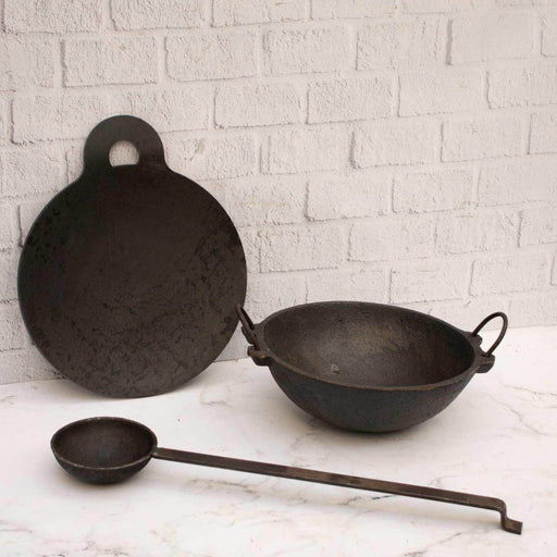 Cast Iron Kadai, Iron Tawa, tadka ladle Combo – Cooking Wok