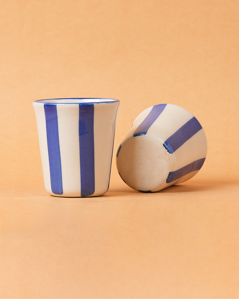 Nurture India Ceramic Blue Stripe Glass 3-Inch 2-Piece Set