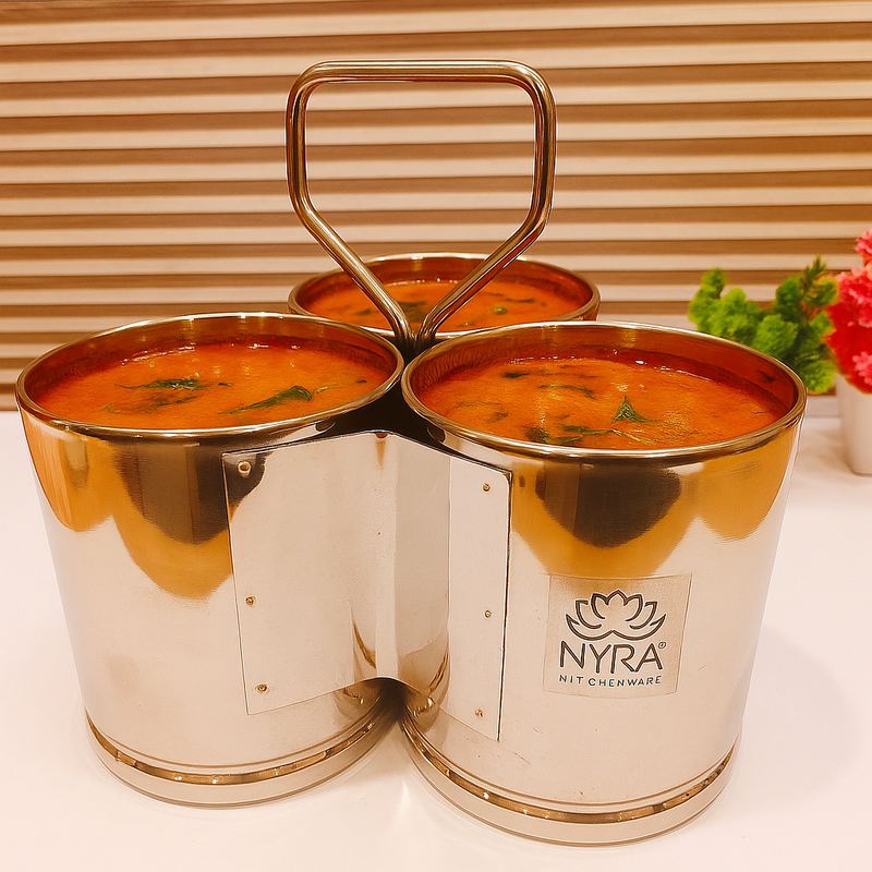 Stainless Steel Chaumukha/Chougadha Vegetable Holder with Handle – Kitchenware