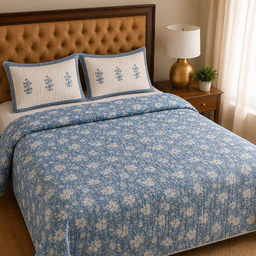 aenak-blue-floral-garden-handblock-printed-reversible-quilted-cotton-bedcover-set-105x108