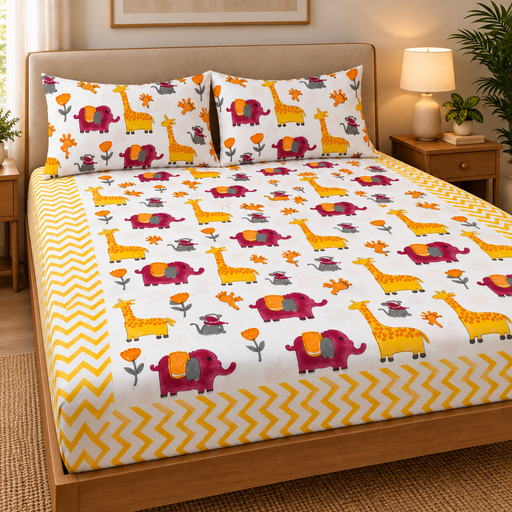 aenak-orange-giraffe-handblock-premium-cotton-bedsheet-set