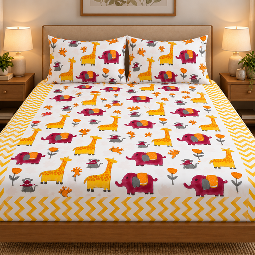 aenak-orange-giraffe-handblock-premium-cotton-bedsheet-set