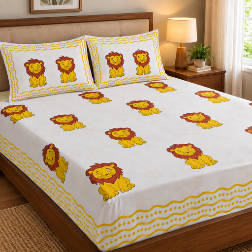 aenak-yellow-lion-handblock-premium-cotton-bedsheet-set