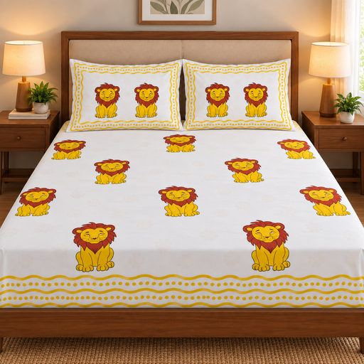 aenak-yellow-lion-handblock-premium-cotton-bedsheet-set