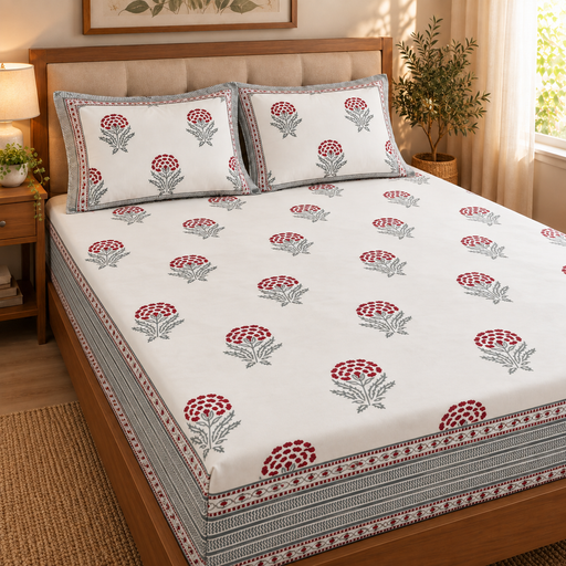 aenak-red-marigold-handblock-premium-cotton-bedsheet-set