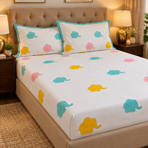 aenak-pink-yellow-elephant-handblock-premium-cotton-bedsheet-set