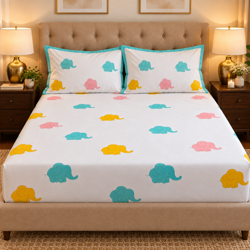 aenak-pink-yellow-elephant-handblock-premium-cotton-bedsheet-set