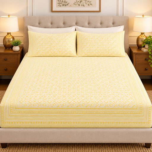 aenak-yellow-jaal-handblock-premium-cotton-bedsheet-set