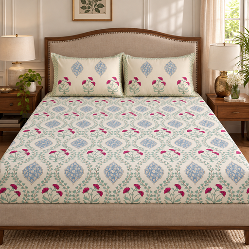 aenak-pink-poppy-jaal-handblock-printed-premium-cotton-bedsheet-set-light-beige-base