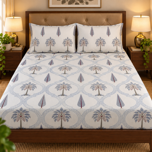 aenak-blue-palm-jaal-handblock-premium-cotton-bedsheet-set