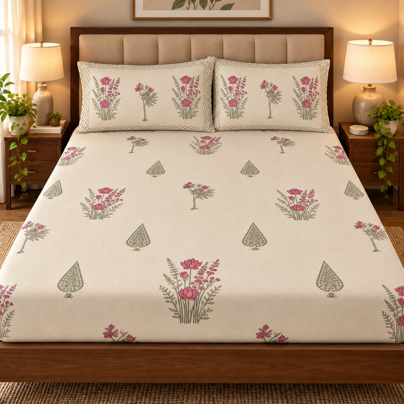 aenak-green-ashoka-handblock-printed-premium-cotton-bedsheet-set-beige-base
