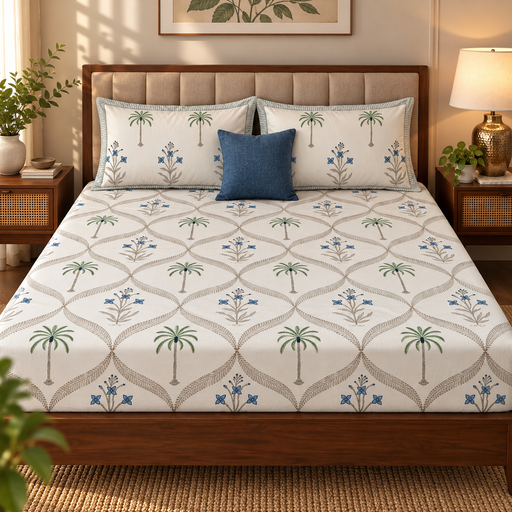 aenak-blue-floral-jaal-handblock-premium-cotton-bedsheet-set
