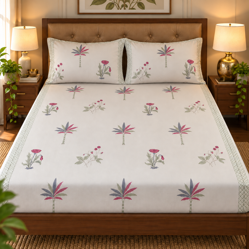 aenak-pink-blue-palm-handblock-premium-cotton-bedsheet-set