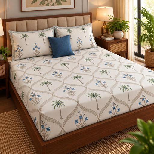 aenak-blue-floral-jaal-handblock-premium-cotton-bedsheet-set