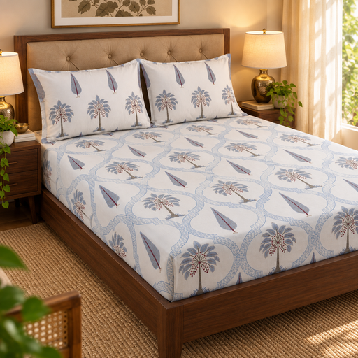 aenak-blue-palm-jaal-handblock-premium-cotton-bedsheet-set